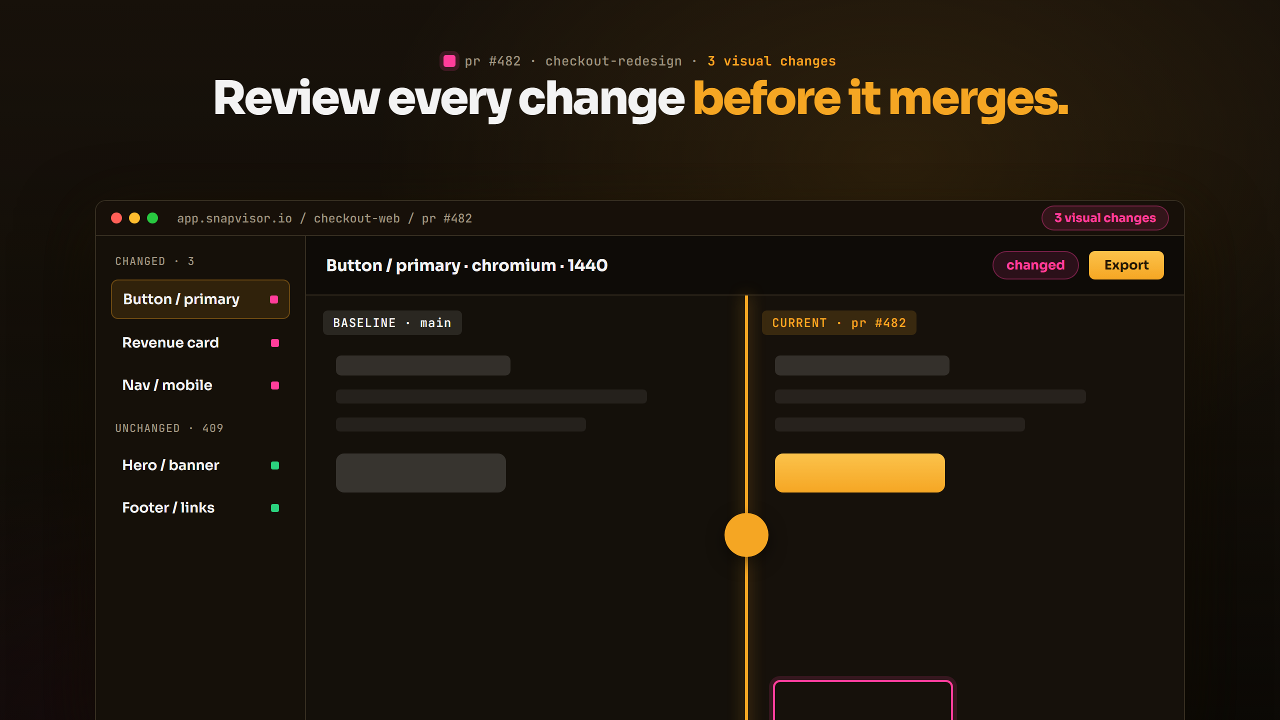 Snapvisor installed as an app, reviewing a build's visual changes side by side